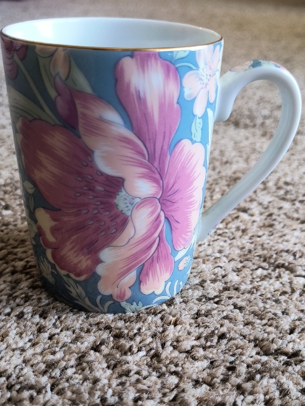 Blue & Pink Floral Ceramic Mug with Gold Rim